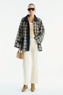 Collared Waxed-Look Plaid Jacket - Beige