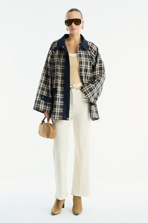 Collared Waxed-Look Plaid Jacket - Beige