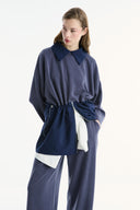 Wide Collar Trimmed Wide-Leg Trouser Set - Navy Blue