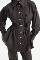 Gold Button Detail Denim Suit - Brown