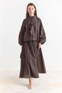 Collar Detail Skirt Set - Coffee