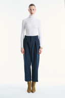 High-Waist Dart-Detail Wide-Leg Trousers - Navy Blue