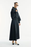 Stone-Embellished Collar Zippered Scuba Skirt Set - Black