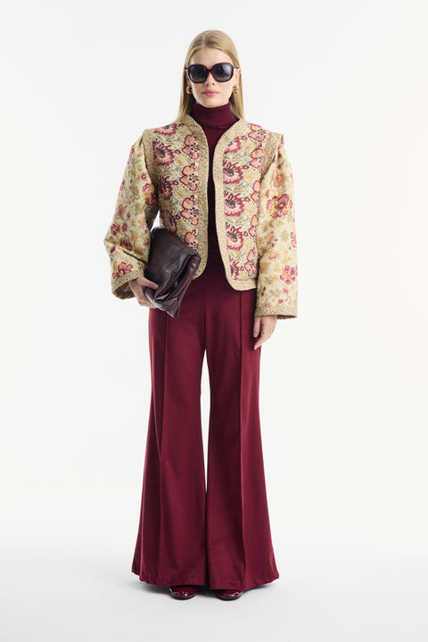Floral Print Quilted Jacket - Burgundy