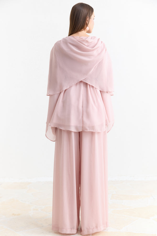 Omuz Pile Detay Yoryo Şifon Pantolon Takım - Pembe
