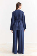 Binding Detail Belted Basic Pants Set - Navy Blue