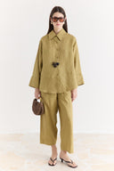Organic Linen Shirt with Sleeve Cuff Detail - Oil Green