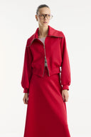 Jeweled Collar Zippered Scuba Skirt Set - Red