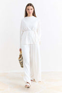 Piped Sash Basic Pants Set - Ecru