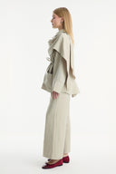 Shawl Collar Detail Cupra Trouser Set - Beige