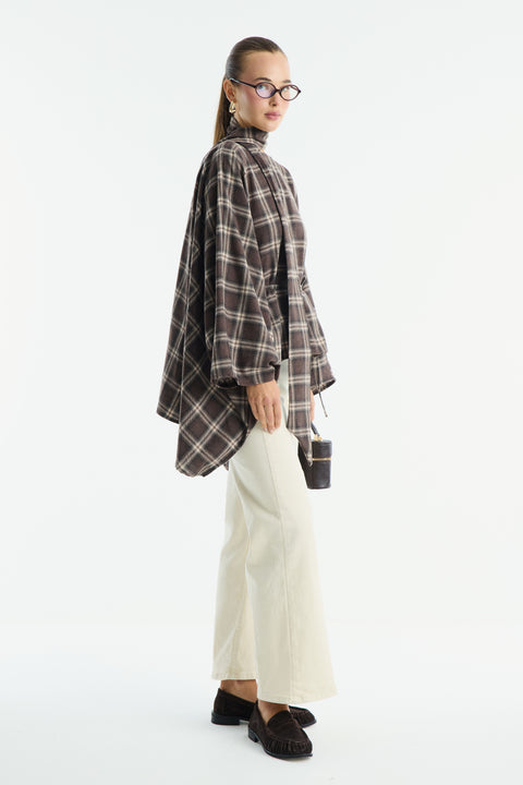 Mock Neck Plaid Poncho - Brown