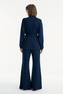 Belt Detail Stand-Up Collar Relaxed Trouser Set - Navy Blue