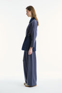 Wide Collar Trimmed Wide-Leg Trouser Set - Navy Blue