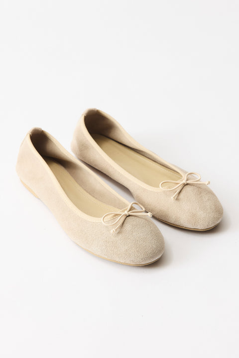 Bow Detail Genuine Suede Leather Ballerinas - Beige