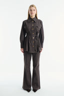 Gold Button Detail Denim Suit - Brown