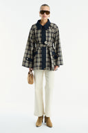 Collared Waxed-Look Plaid Jacket - Beige