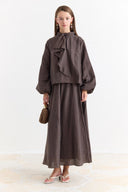 Collar Detail Skirt Set - Coffee