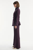 Belt-Detail Stand-Up Collar Set with Comfortable Trousers - Burgundy