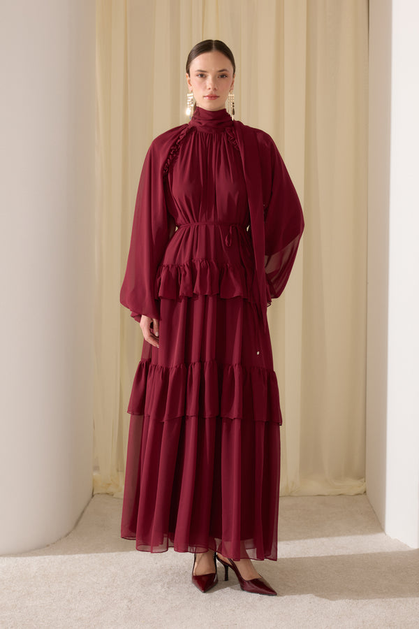 Meli Katlı Şifon Elbise - Bordo