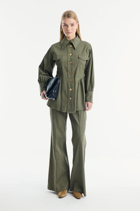 Gold Button Detailed Denim Set - Khaki