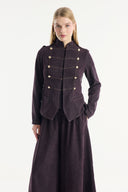 Button-Front Stitch Detail Denim Set with Trousers - Burgundy