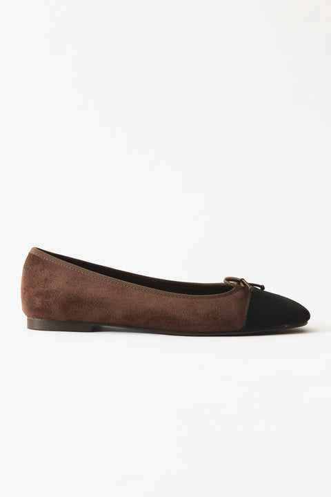 Genuine Suede Bow Ballerina Flats - Brown-Black