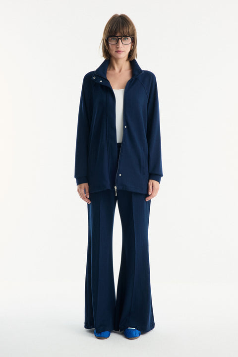 Belt Detail Stand-Up Collar Relaxed Trouser Set - Navy Blue