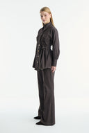 Gold Button Detail Denim Suit - Brown