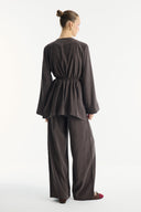 Button-Detail Trousers Set - Brown