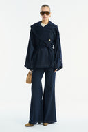 Gold Button Detailed Denim Set - Navy Blue