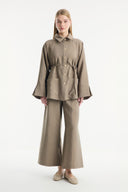 Shawl Collar Detail Cupro Trouser Set - earth