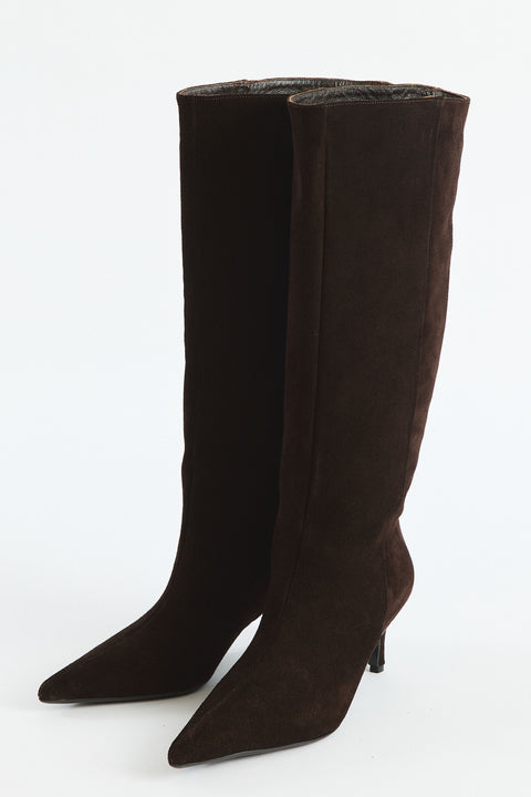 Pointed Toe Genuine Leather Suede Heeled Boots - Bitter Brown