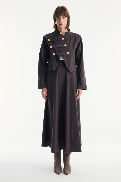Asymmetric Button Detailed Skirt Set - Coffee
