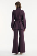 Belt-Detail Stand-Up Collar Set with Comfortable Trousers - Burgundy