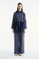 Wide Collar Trimmed Wide-Leg Trouser Set - Navy Blue