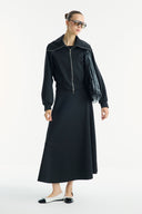 Stone-Embellished Collar Zippered Scuba Skirt Set - Black