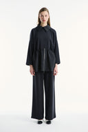 Wide Lapel Trimmed Wide-Leg Trouser Set - Black