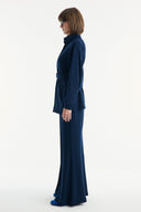 Belt Detail Stand-Up Collar Relaxed Trouser Set - Navy Blue