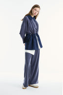 Wide Collar Trimmed Wide-Leg Trouser Set - Navy Blue