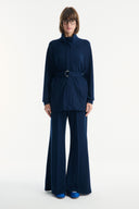Belt Detail Stand-Up Collar Relaxed Trouser Set - Navy Blue