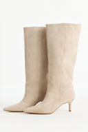 Pointed Toe Genuine Suede Leather Stiletto Boots - Stone