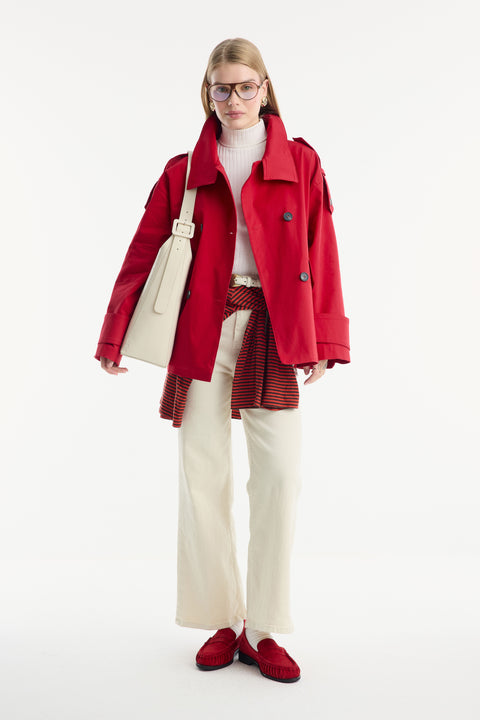 Epaulet Detailed Short Trench Coat - Red