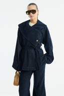 Gold Button Detailed Denim Set - Navy Blue