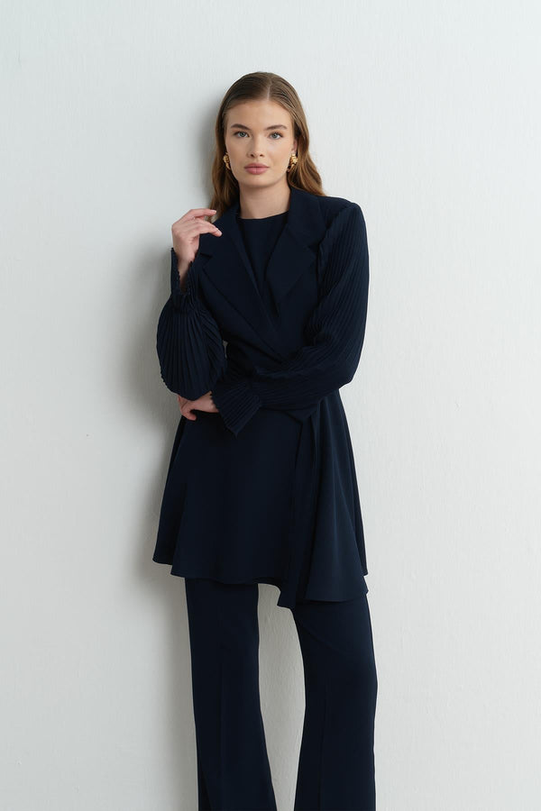 Akady Kol Piliseli Krep Ceket Takım - Lacivert
