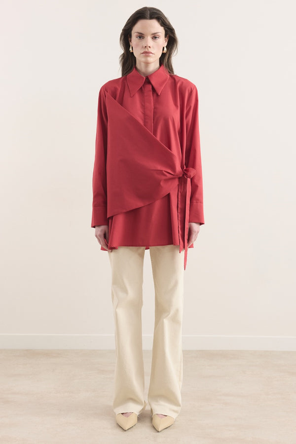 Allerli Yandan Bağlamalı Dacron Gömlek - Kırmızı
