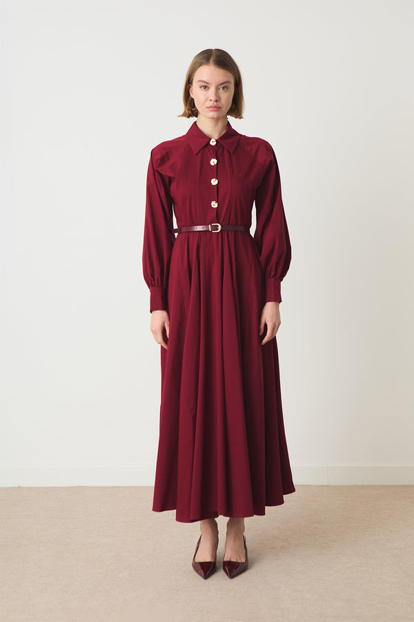 Ambrella Gold Düğmeli Kemerli Elbise - Bordo