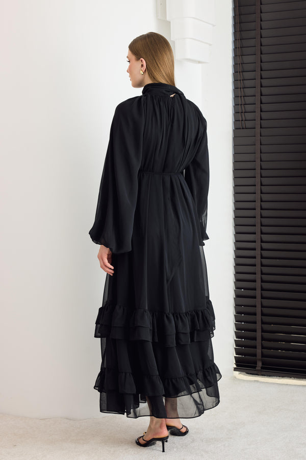 Arjana Fırfırlı Balon Kol Şifon Elbise - Siyah