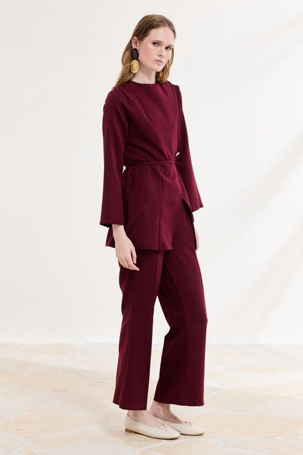 Asimetrik Double Pantolon Takım - Bordo