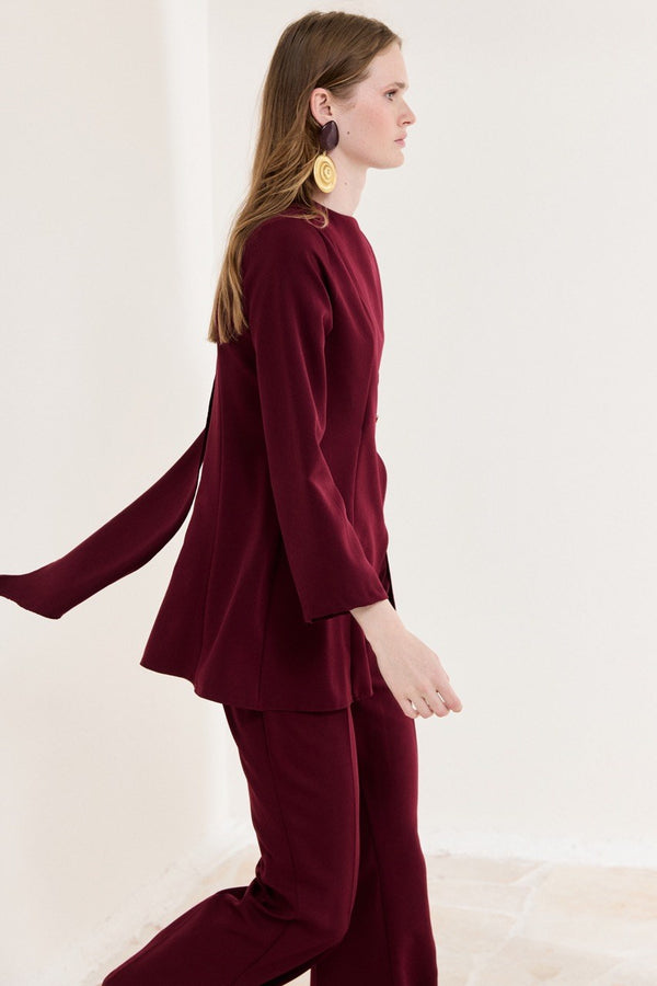 Asimetrik Double Pantolon Takım - Bordo
