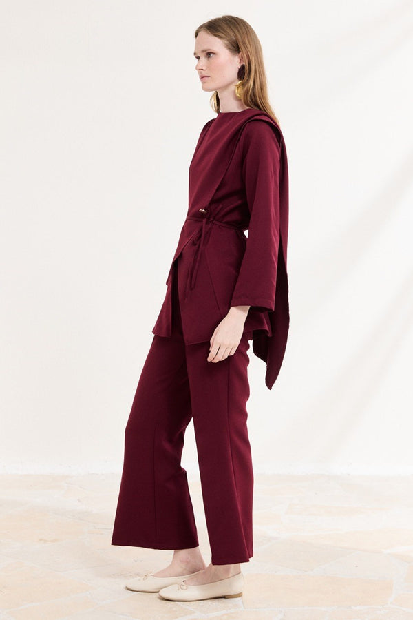 Asimetrik Double Pantolon Takım - Bordo